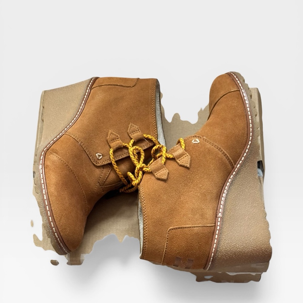 Toms Lunata Lace-Up Wheat Suede Boots wedge heels sterling lining‎ Sz 7.5